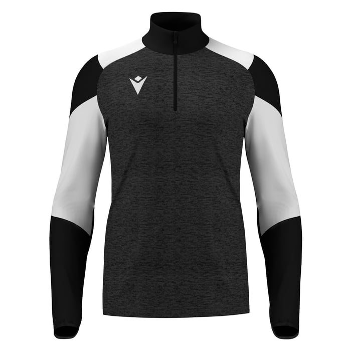 Black and white long-sleeve athletic shirt with a zipper on a white background