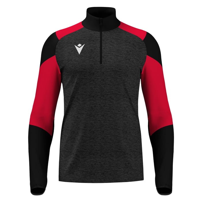 Black and red long-sleeve athletic shirt with a brand logo on a white background