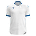 White sports jersey with blue accents on a white background
