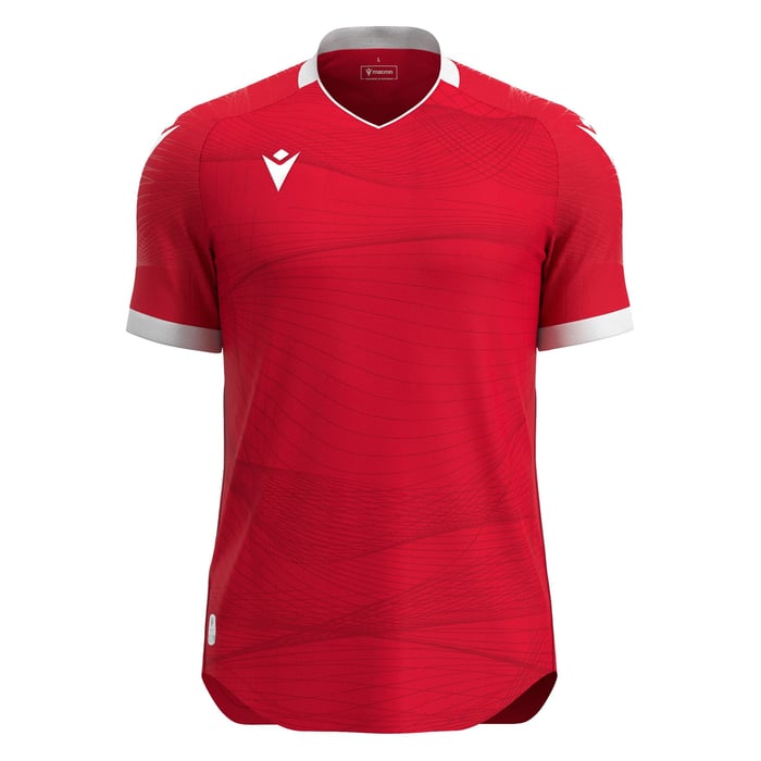 Red sports jersey with white accents on a white background