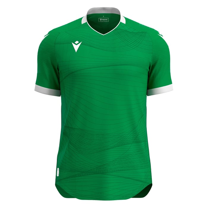 Green sports jersey with white accents on a white background