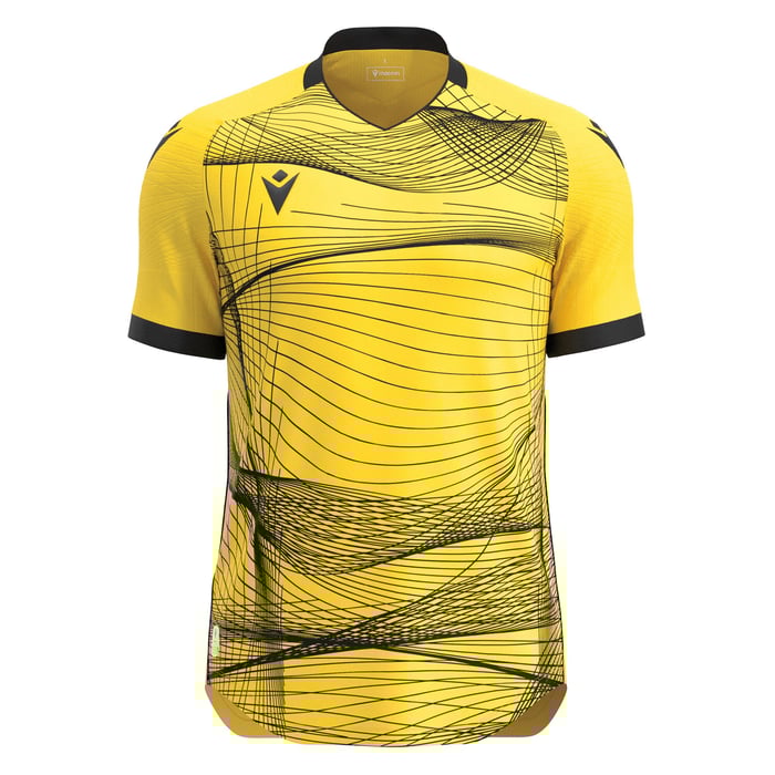 Yellow sports jersey with black geometric pattern on a white background
