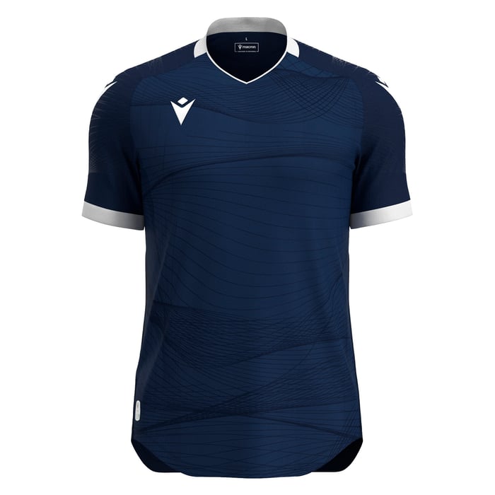 Navy blue sports jersey with white accents on a white background