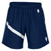 Navy blue shorts with a white stripe on a white background