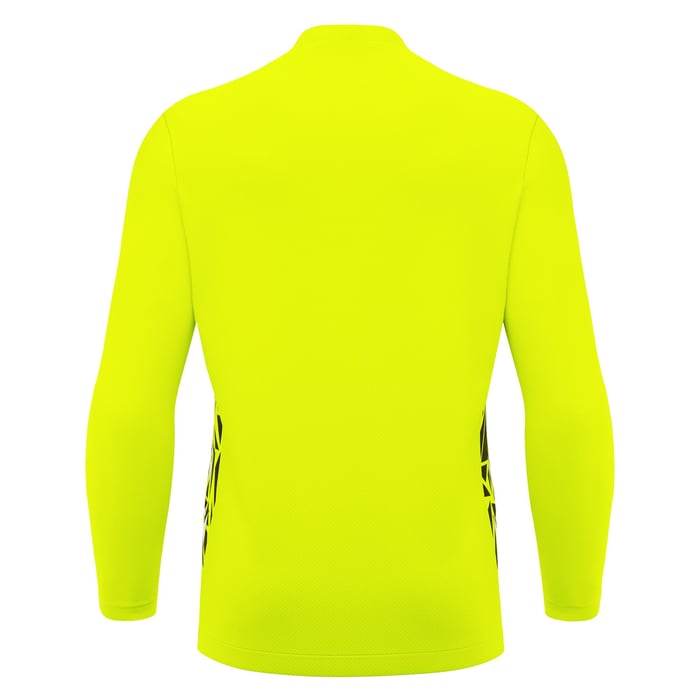 Back view of a bright yellow long-sleeve shirt on a white background