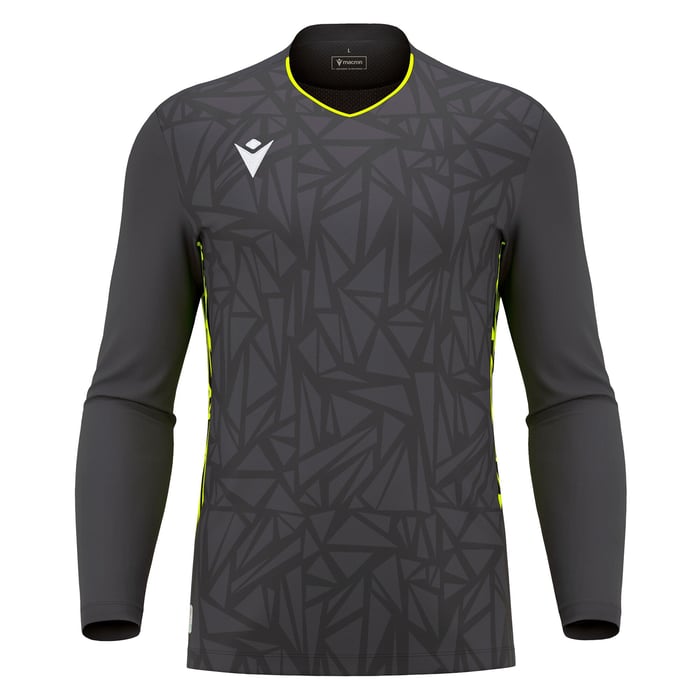 Dark gray long-sleeve shirt with geometric pattern on a white background