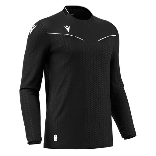 Black long-sleeve sports shirt with white accents on a white background