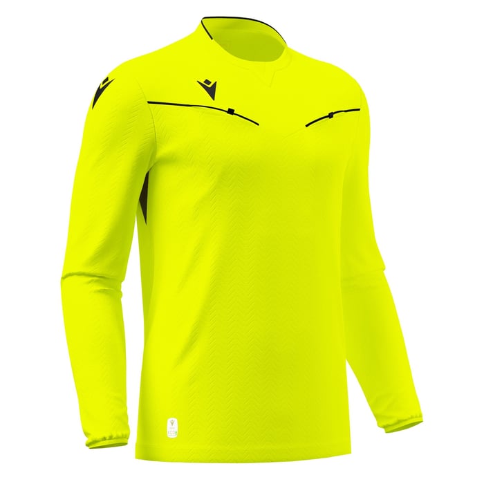 Bright yellow long-sleeve shirt with black accents on a white background