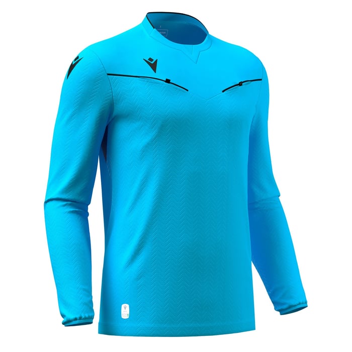Blue long-sleeve athletic shirt on a white background