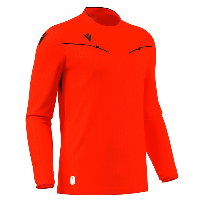 Orange long-sleeve sports jersey with brand logo on a white background
