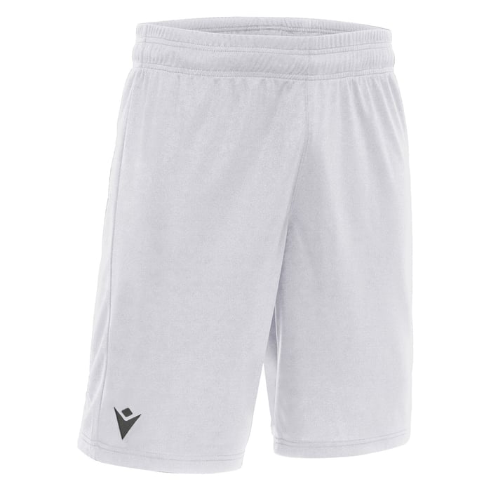 White shorts with a black logo on a white background