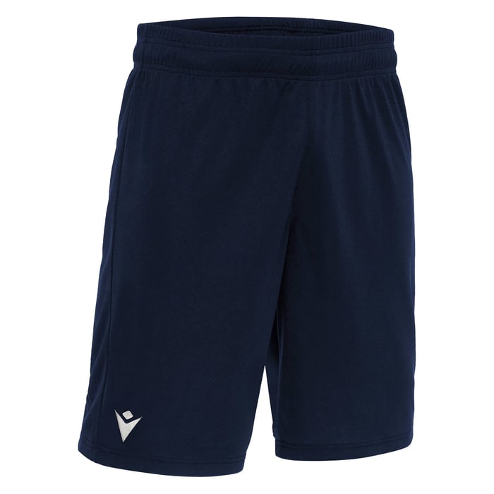 Navy blue shorts with a small white logo on a white background