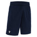 Navy blue shorts with a small white logo on a white background