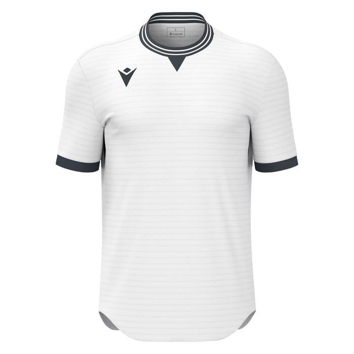 White sports jersey with black accents on a white background