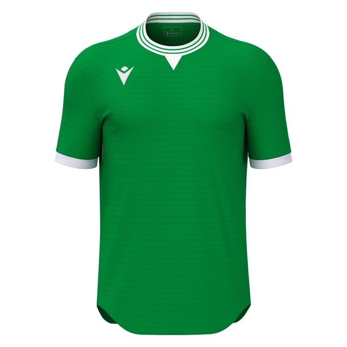 Green sports jersey with white accents on a white background