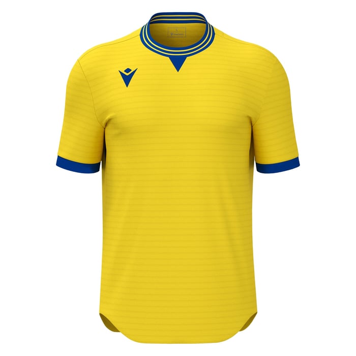 Yellow sports jersey with blue accents on a white background