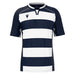 Navy and white striped shirt with a logo on a white background