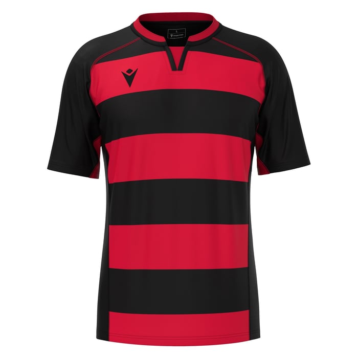 Red and black striped shirt with a logo on a white background