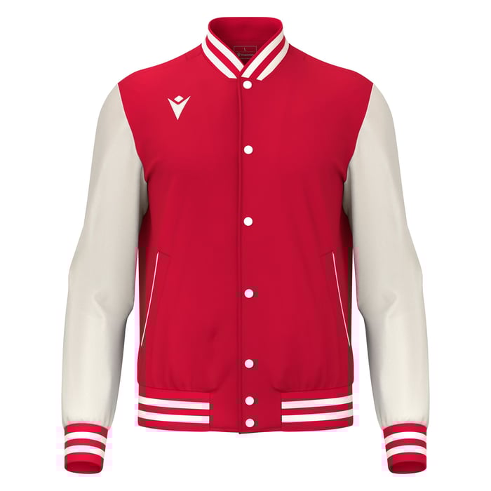 Red and white varsity jacket with a brand logo on a white background