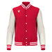 Red and white varsity jacket with a brand logo on a white background