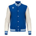 Blue and white varsity jacket with a brand logo on a white background