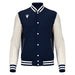 Navy and white varsity jacket on a white background