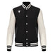 Black and white varsity jacket on a white background