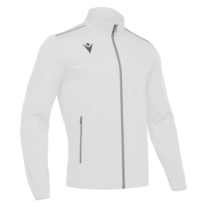 White jacket with a brand logo on a white background