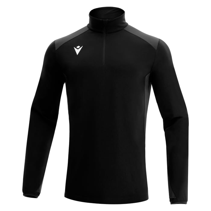 Black long-sleeve athletic shirt with a logo on a white background