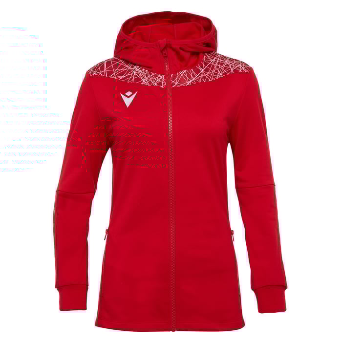 Red hoodie with a brand logo on a white background