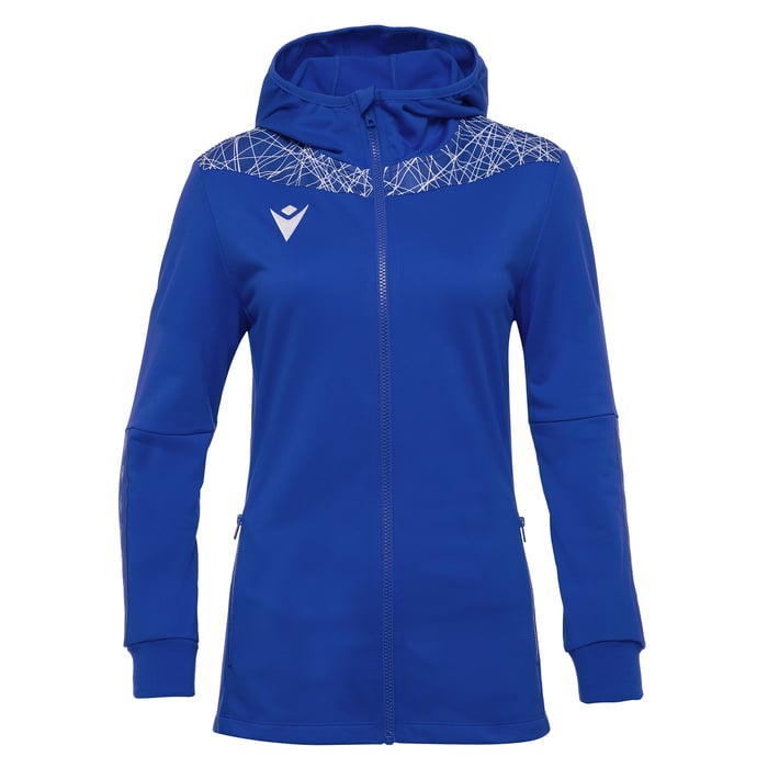 Blue hoodie with a geometric pattern on the hood against a white background