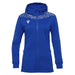 Blue hoodie with a geometric pattern on the hood against a white background