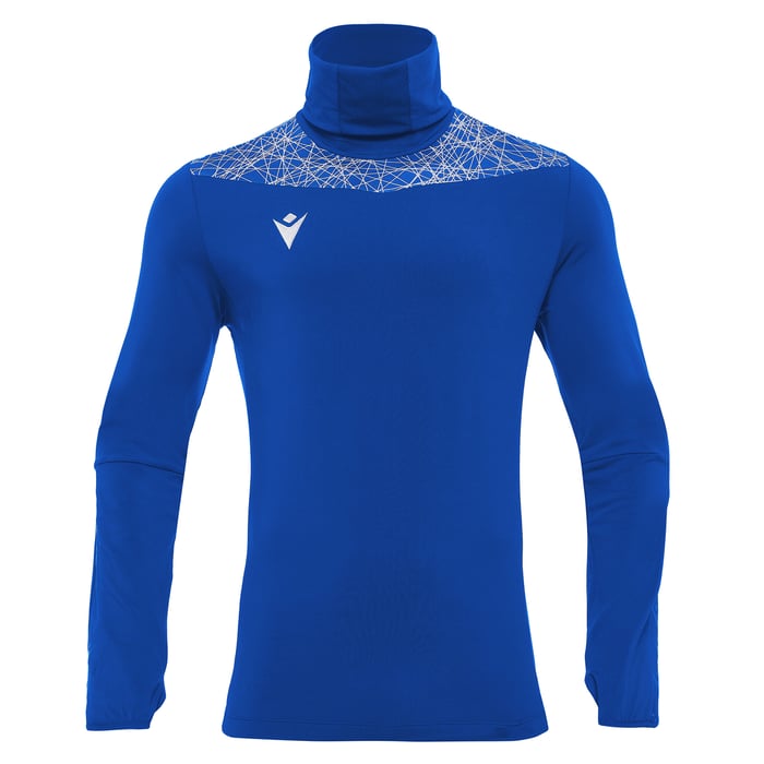 Blue long-sleeve shirt with a geometric pattern on the collar against a white background