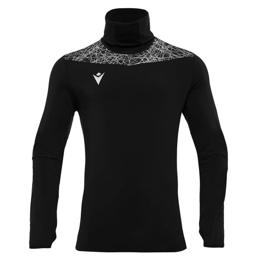 Black long-sleeve shirt with geometric pattern on collar against a white background