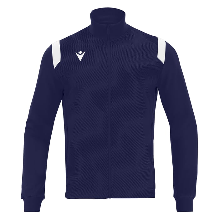 Navy blue jacket with white accents on a white background