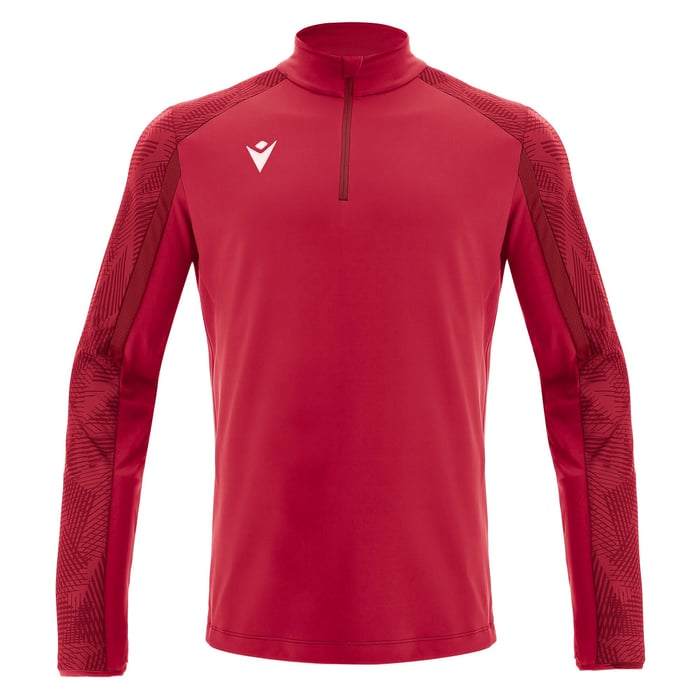 Red long-sleeve athletic shirt with a brand logo on a white background