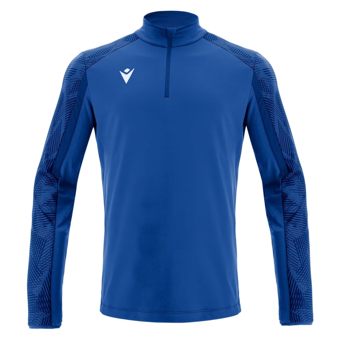 Blue long-sleeve athletic shirt with a brand logo on a white background