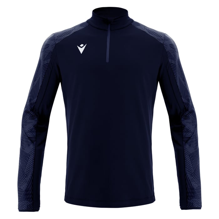 Navy long-sleeve athletic shirt with a brand logo on a white background