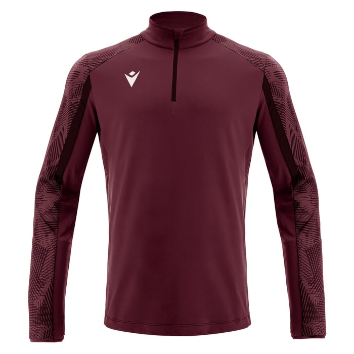 Maroon long-sleeve athletic shirt with a brand logo on a white background