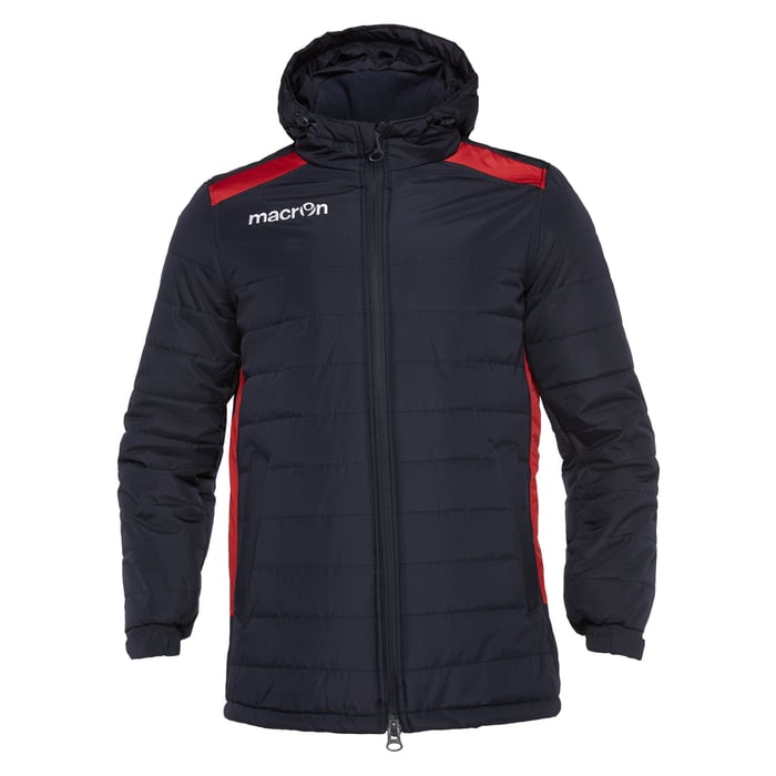 Black puffer jacket with red accents and Macron logo on a white background