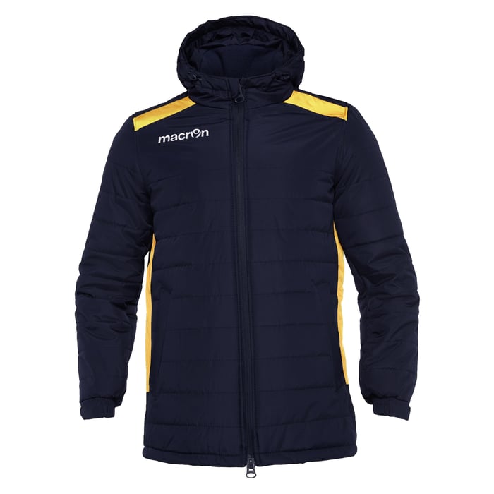 Navy jacket with yellow accents and Macron logo on a white background