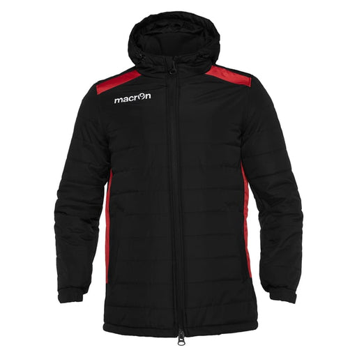 Black jacket with red accents and Macron logo on a white background