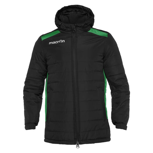Black jacket with green accents and Macron logo on a white background