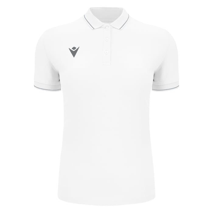 White polo shirt with a logo on a white background