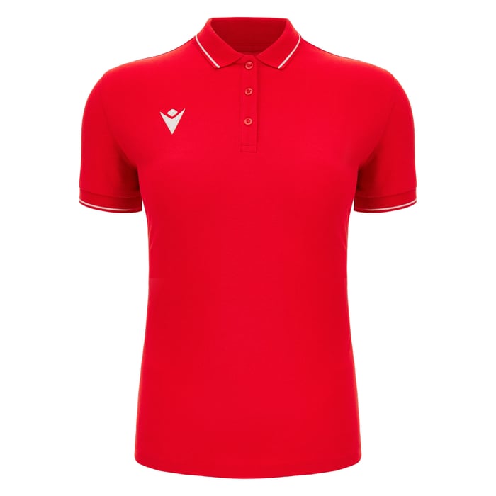 Red polo shirt with a white logo on a white background