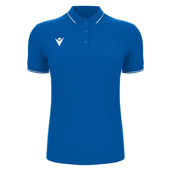 Blue polo shirt with white trim on a white background