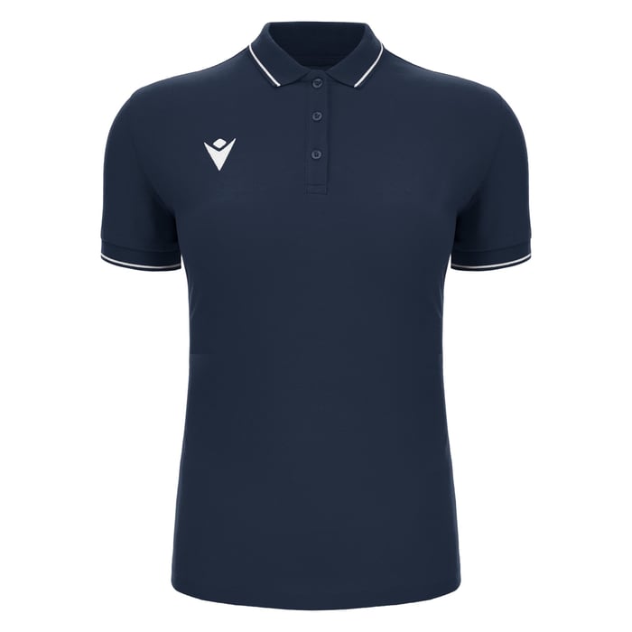 Navy blue polo shirt with white trim on a white background