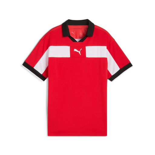 A short-sleeved Puma Team CLASSIC 25 Match Jersey in red and white colour with a black collar.
