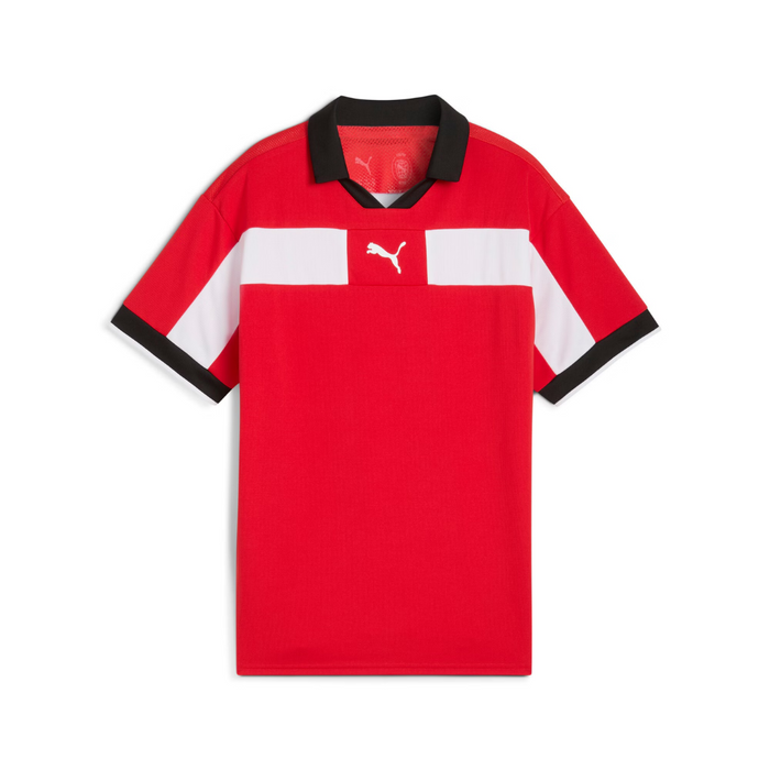 A short-sleeved Puma Team CLASSIC 25 Match Jersey in red and white colour with a black collar.