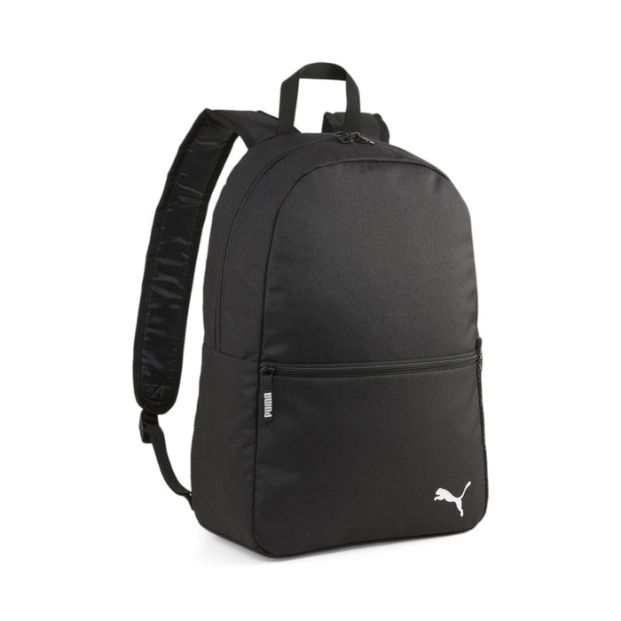 A black Puma Team Goal backpack with a logo on the front pocket and adjustable straps.